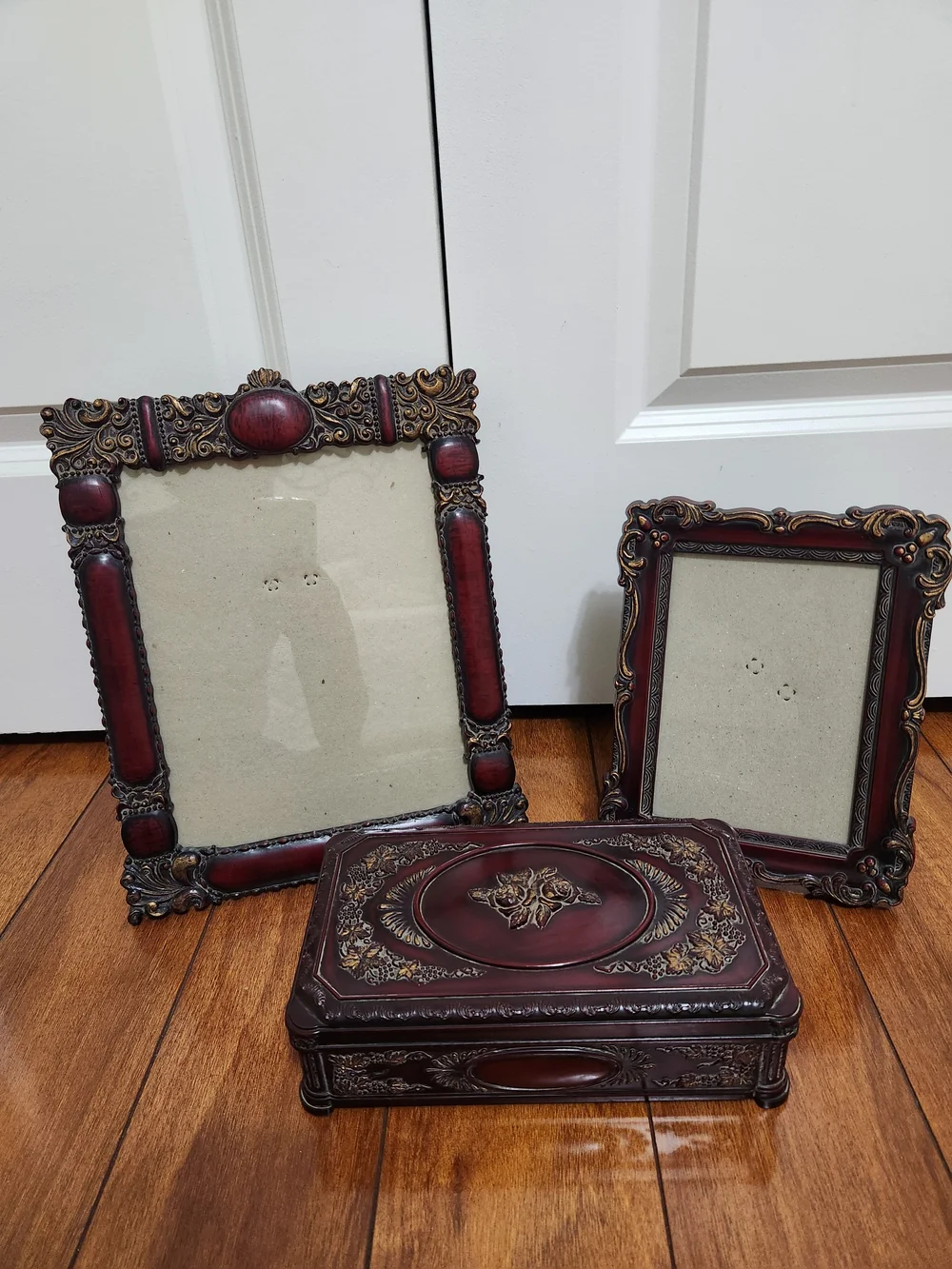Decorative Vintage-Style Burgundy Photo Frames and Jewelry Box - Unbranded